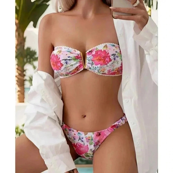 2 piece Floral Print Bandeau Bikini Swimsuit multicoor